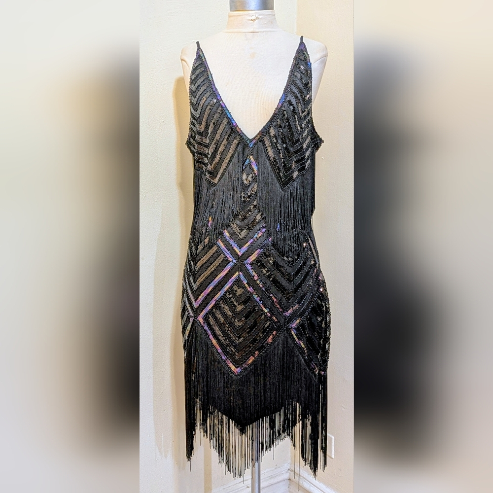 Beaded Sequin V-Neck Mini Slip Dress, Size L